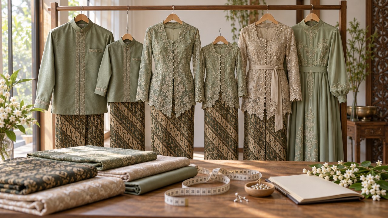 Deretan seragam keluarga pernikahan senada hijau sage dan champagne di rak kayu: kemeja koko, kebaya brokat dengan kain batik, dan gamis, dengan tumpukan kain, meteran jahit, buku catatan, dan bunga melati di meja