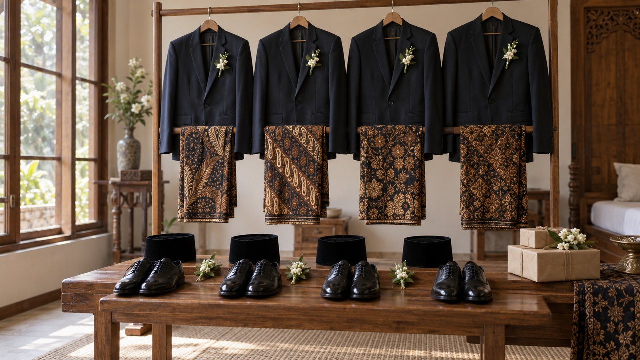 Empat jas hitam dengan boutonniere melati dan kain batik tergantung di rak kayu, deretan peci hitam dan sepatu pantofel di bangku jati, serta kotak hadiah kraft di ruang persiapan pengantin pria