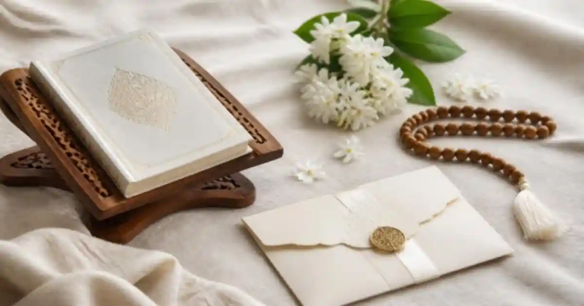 Buku di atas rehal kayu ukir, tasbih kayu, bunga melati, dan amplop undangan krem bersegel emas